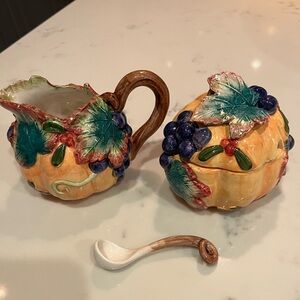 Fitz and Lloyd Hand-Painted 1993 “Thanksgiving Banquet” Sugar and Creamer Dishes